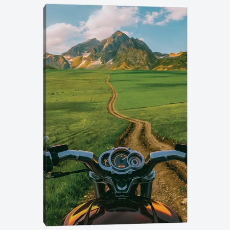 A Motorcycle On A Path In A Field Against A Background Of Mountains Canvas Print #IVG779} by Ievgeniia Bidiuk Canvas Wall Art