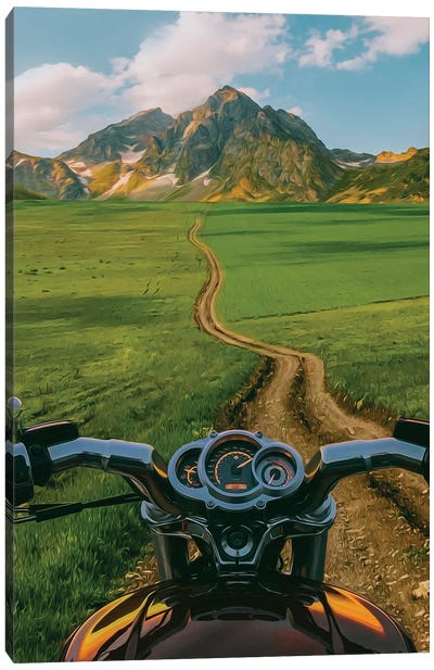 A Motorcycle On A Path In A Field Against A Background Of Mountains Canvas Art Print - Ievgeniia Bidiuk