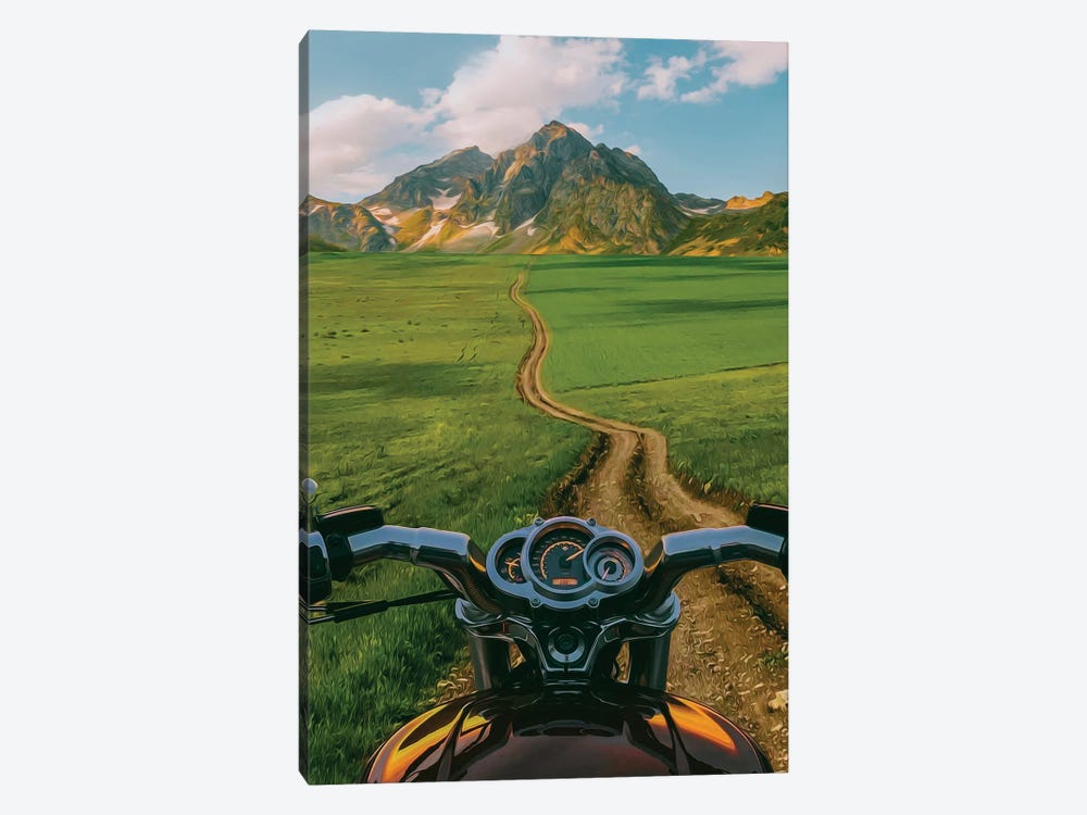 A Motorcycle On A Path In A Field Against A Background Of Mountains by Ievgeniia Bidiuk 1-piece Canvas Print