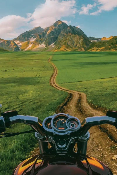 Ievgeniia Bidiuk: A Motorcycle On A Path In A Field Against A Background Of Mountains by Ievgeniia Bidiuk
