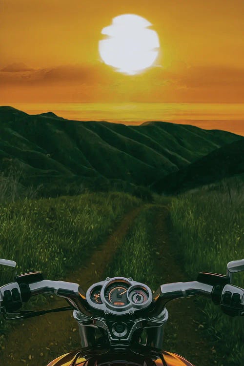 A Motorcycle On A Mountain Road Against The Backdrop Of A Sea Sunset