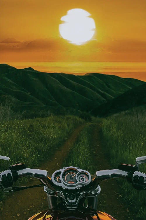 A Motorcycle On A Mountain Road Against The Backdrop Of A Sea Sunset by Ievgeniia Bidiuk wall art