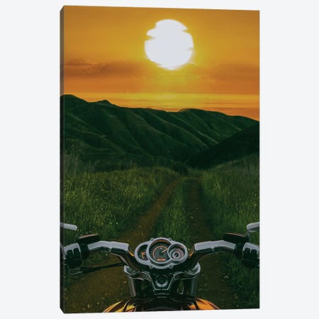 A Motorcycle On A Mountain Road Against The Backdrop Of A Sea Sunset Canvas Print #IVG781} by Ievgeniia Bidiuk Canvas Print
