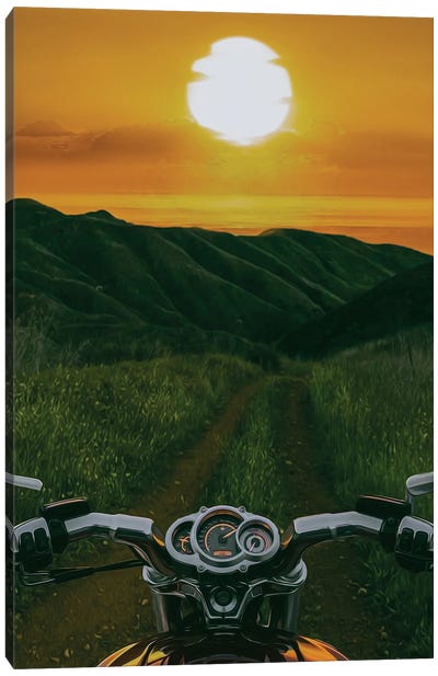 A Motorcycle On A Mountain Road Against The Backdrop Of A Sea Sunset Canvas Art Print - Ievgeniia Bidiuk