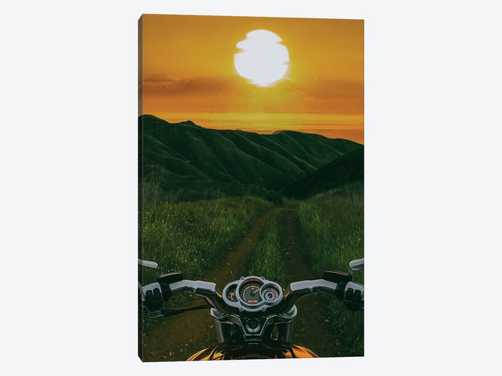 A Motorcycle On A Mountain Road Against The Backdrop Of A Sea Sunset by Ievgeniia Bidiuk 1-piece Canvas Art