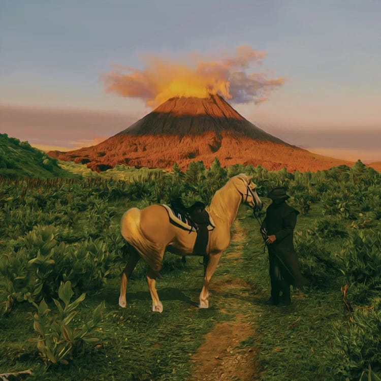 A Man With A Horse On The Way To The Volcano