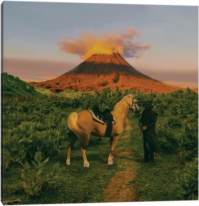 A Man With A Horse On The Way To The Volcano Canvas Art Print - Ievgeniia Bidiuk