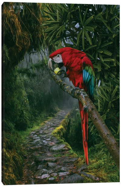 A Large Parrot In A Rainforest Canvas Art Print - Ievgeniia Bidiuk