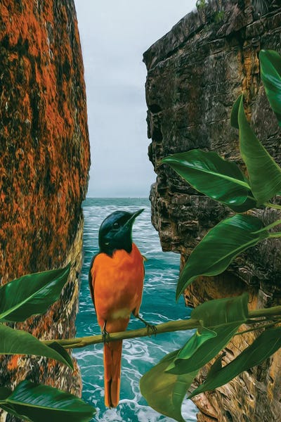 Pericrocotus Miniatus On A Branch Near The Sea Rock by Ievgeniia Bidiuk acrylic art print