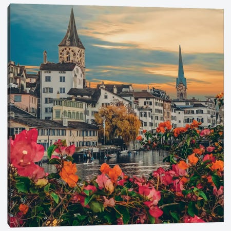 Orange And Pink Bougainvillea On The Background Of The Old Town Canvas Print #IVG786} by Ievgeniia Bidiuk Canvas Art