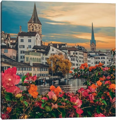 Orange And Pink Bougainvillea On The Background Of The Old Town Canvas Art Print - Bougainvillea