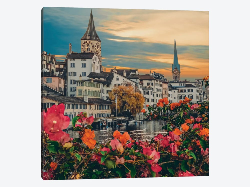 Orange And Pink Bougainvillea On The Background Of The Old Town by Ievgeniia Bidiuk 1-piece Art Print