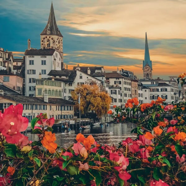 Bougainvillea: Orange And Pink Bougainvillea On The Background Of The Old Town by Ievgeniia Bidiuk