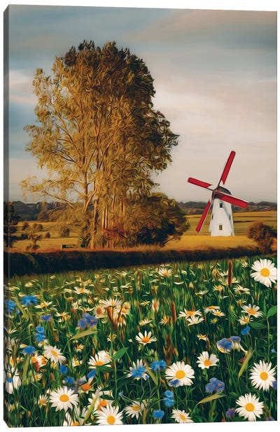 A Mill In The Valley And A Meadow With Blooming Daisies Canvas Art Print - Daisy Art