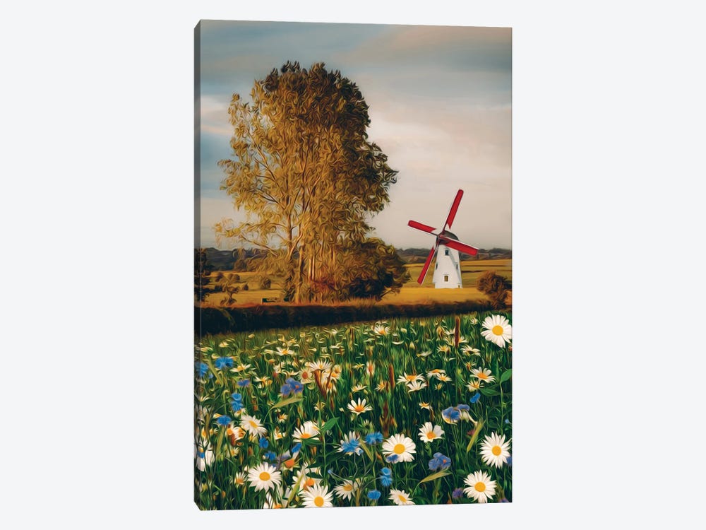 A Mill In The Valley And A Meadow With Blooming Daisies by Ievgeniia Bidiuk 1-piece Canvas Art