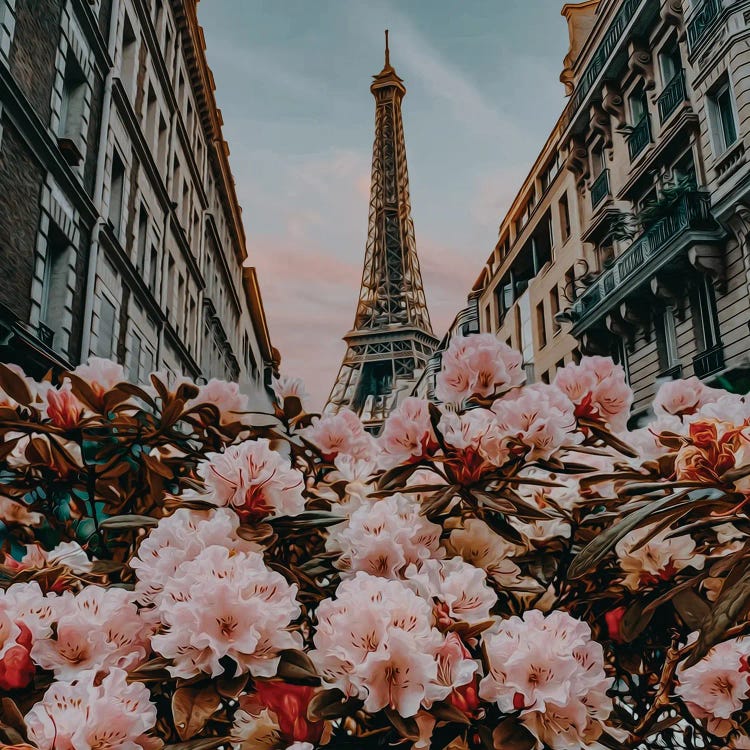 Pink Rhododendron Buds On The Background Of Paris Street by Ievgeniia Bidiuk wall art