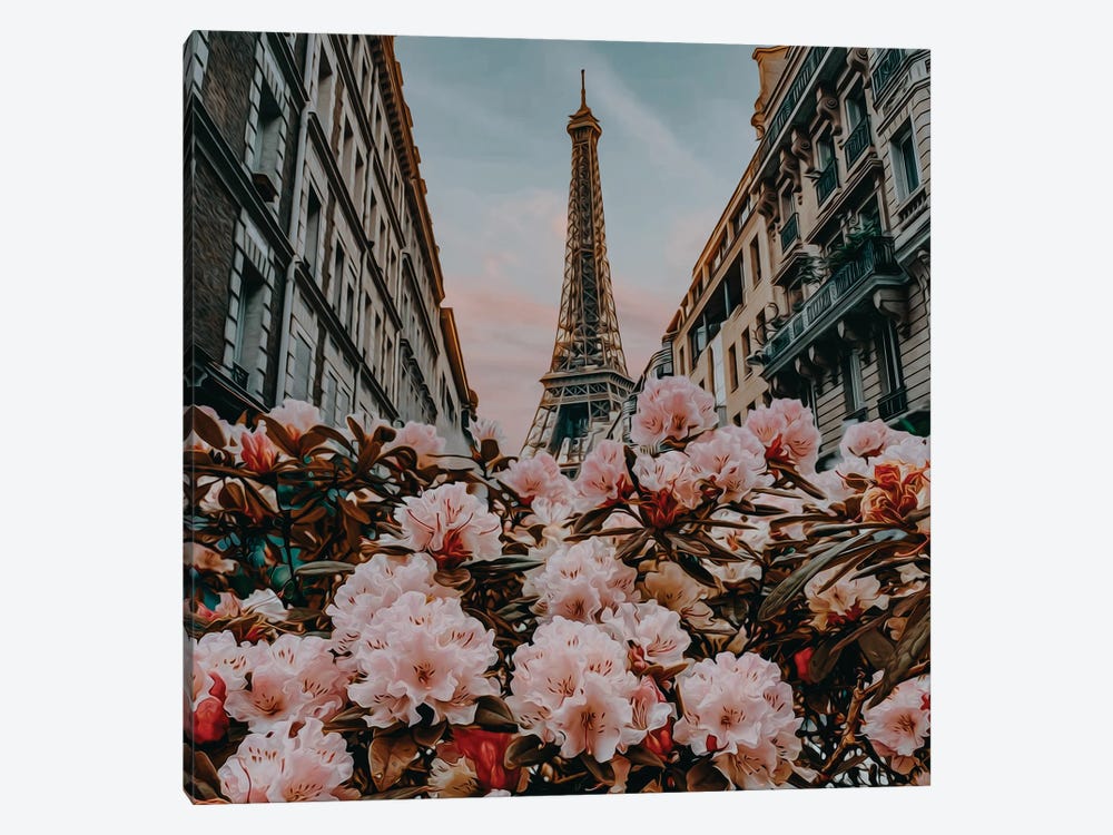 Pink Rhododendron Buds On The Background Of Paris Street by Ievgeniia Bidiuk 1-piece Canvas Art