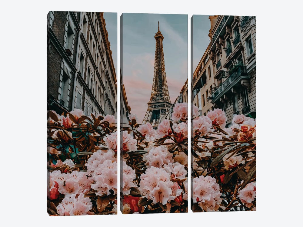 Pink Rhododendron Buds On The Background Of Paris Street by Ievgeniia Bidiuk 3-piece Canvas Art