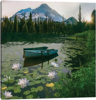 Wooden Boats On The Lake With Lilies Canvas Art Print - Ievgeniia Bidiuk