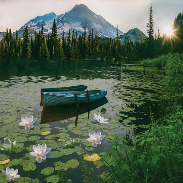 Ievgeniia Bidiuk: Wooden Boats On The Lake With Lilies by Ievgeniia Bidiuk