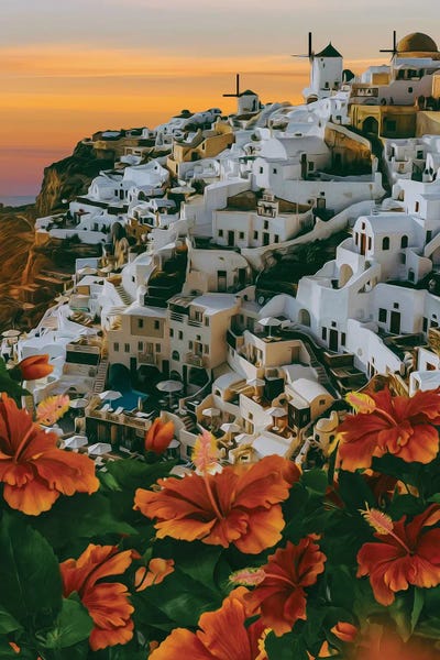 Coastal Villages & Towns: Blooming Orange Hibiscus On The Background Of Santorini by Ievgeniia Bidiuk