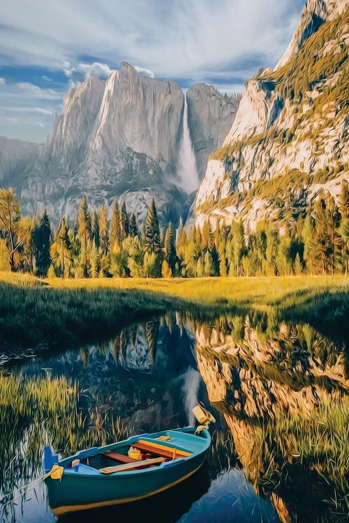 Blue Boat On The Lake In The Mountains