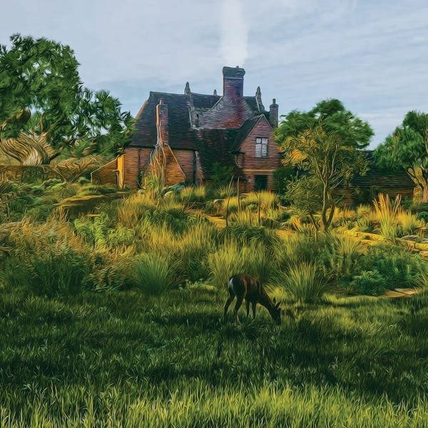 Ievgeniia Bidiuk: A Roe Deer In The Pasture Near The Old House by Ievgeniia Bidiuk