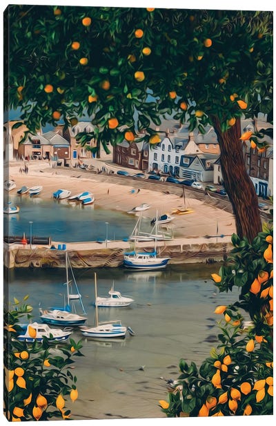 Orange Tree On The Background Of The Bay With Yachts Canvas Art Print - Yacht Art