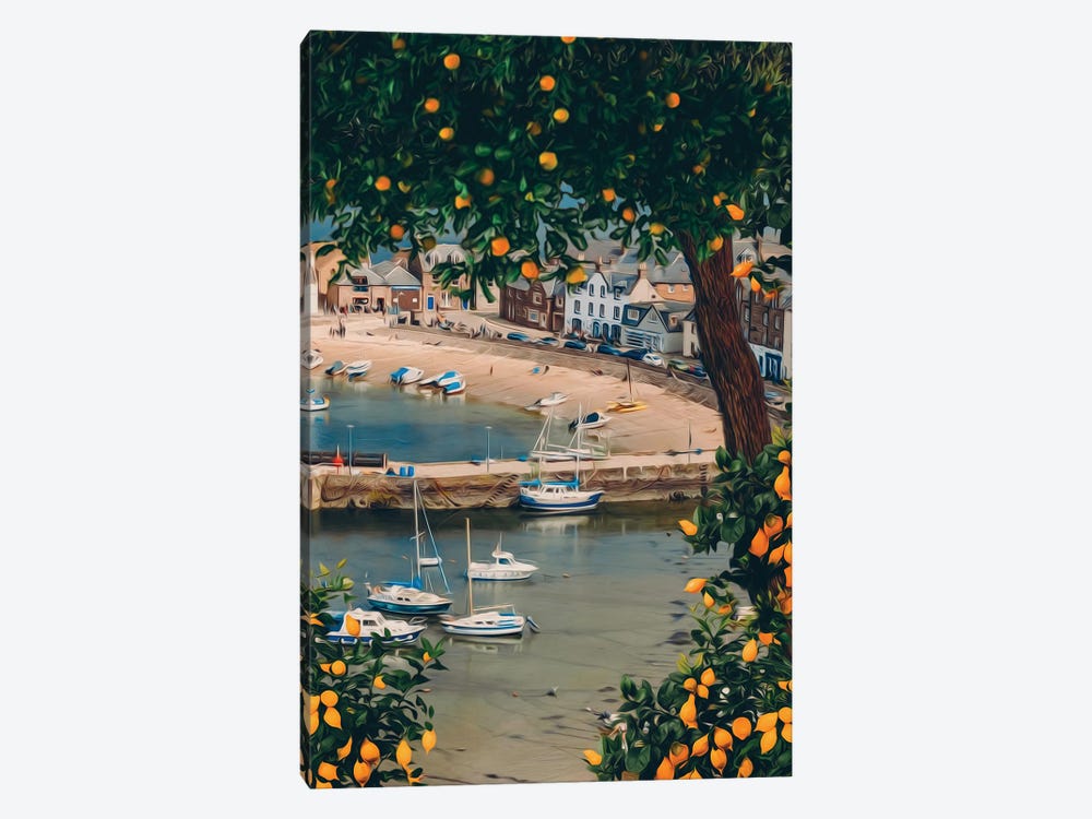 Orange Tree On The Background Of The Bay With Yachts by Ievgeniia Bidiuk 1-piece Canvas Artwork
