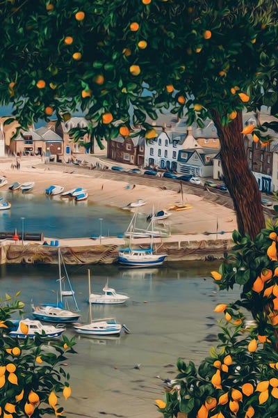 Yachts: Orange Tree On The Background Of The Bay With Yachts by Ievgeniia Bidiuk
