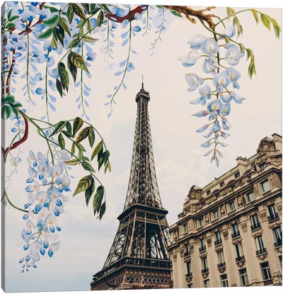 Wisteria Flowers On The Background Of Paris Canvas Art Print - Ievgeniia Bidiuk