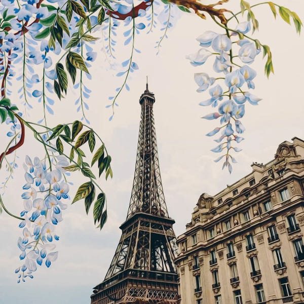 Wisterias: Wisteria Flowers On The Background Of Paris by Ievgeniia Bidiuk