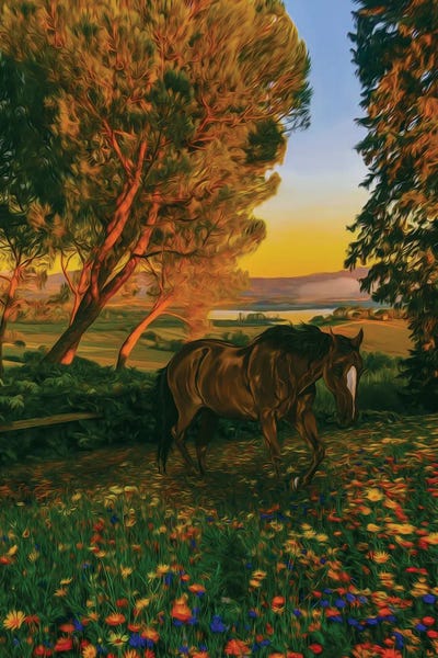 Ievgeniia Bidiuk: Wild Foal In A Flowering Meadow In The Forest by Ievgeniia Bidiuk