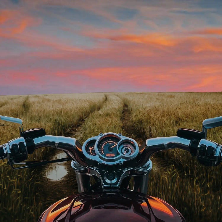 Motorcycle On A Muddy Road In A Wheat Field by Ievgeniia Bidiuk wall art