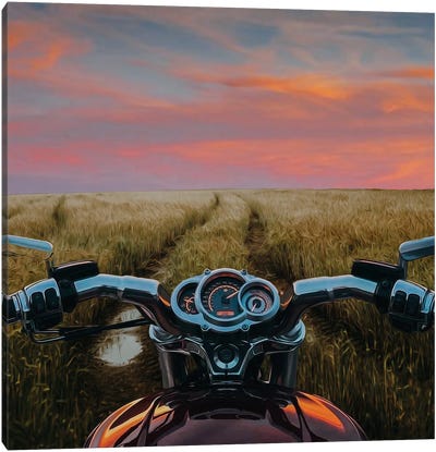 Motorcycle On A Muddy Road In A Wheat Field Canvas Art Print - Ievgeniia Bidiuk