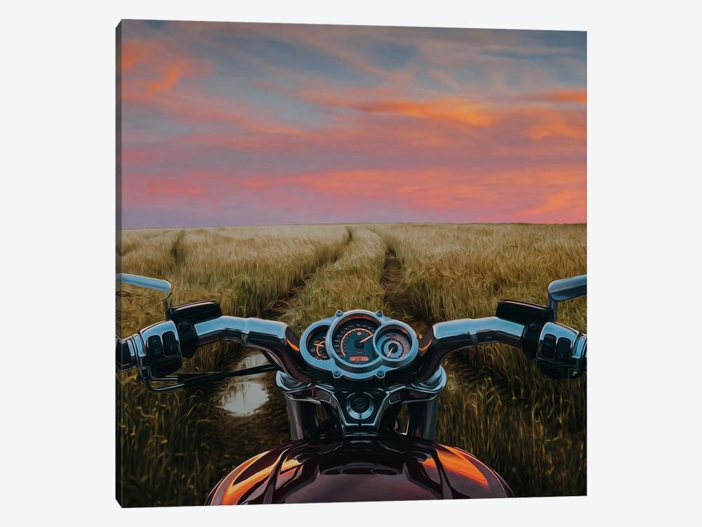 Motorcycle On A Muddy Road In A Wheat Field by Ievgeniia Bidiuk 1-piece Canvas Print