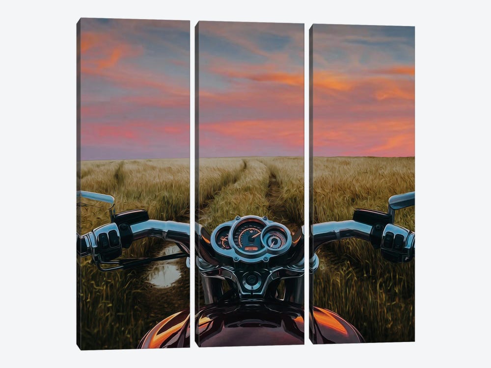 Motorcycle On A Muddy Road In A Wheat Field by Ievgeniia Bidiuk 3-piece Canvas Print
