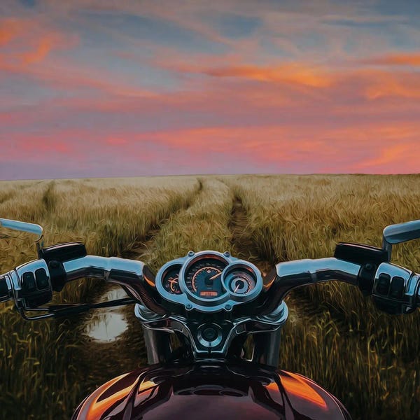 Ievgeniia Bidiuk: Motorcycle On A Muddy Road In A Wheat Field by Ievgeniia Bidiuk