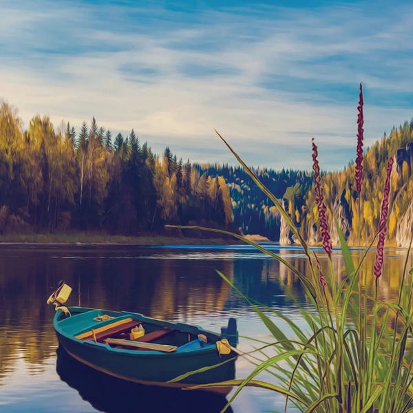 Ievgeniia Bidiuk: Blue Boat On The Lake Near The Wild Forest by Ievgeniia Bidiuk