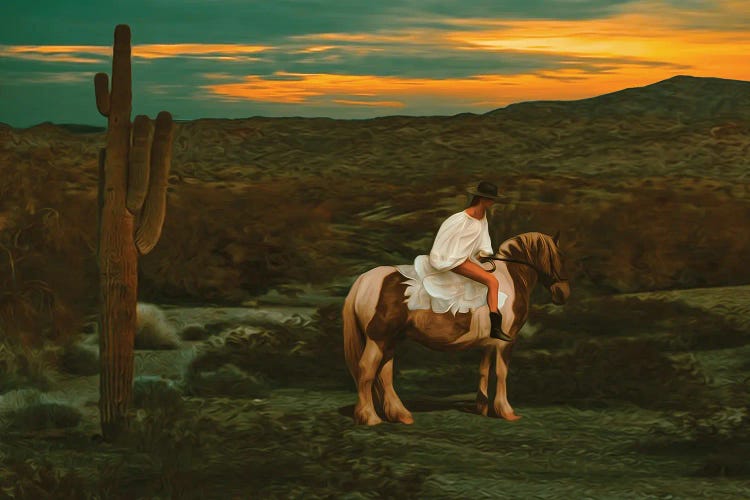 A Girl In A White Dress On A Horse In The Texas Desert