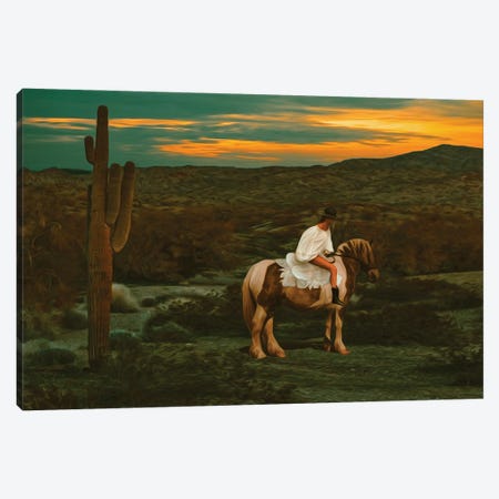 A Girl In A White Dress On A Horse In The Texas Desert Canvas Print #IVG805} by Ievgeniia Bidiuk Canvas Art Print