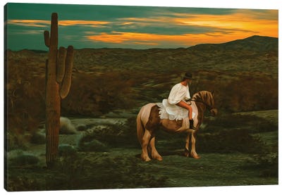 A Girl In A White Dress On A Horse In The Texas Desert Canvas Art Print - Ievgeniia Bidiuk