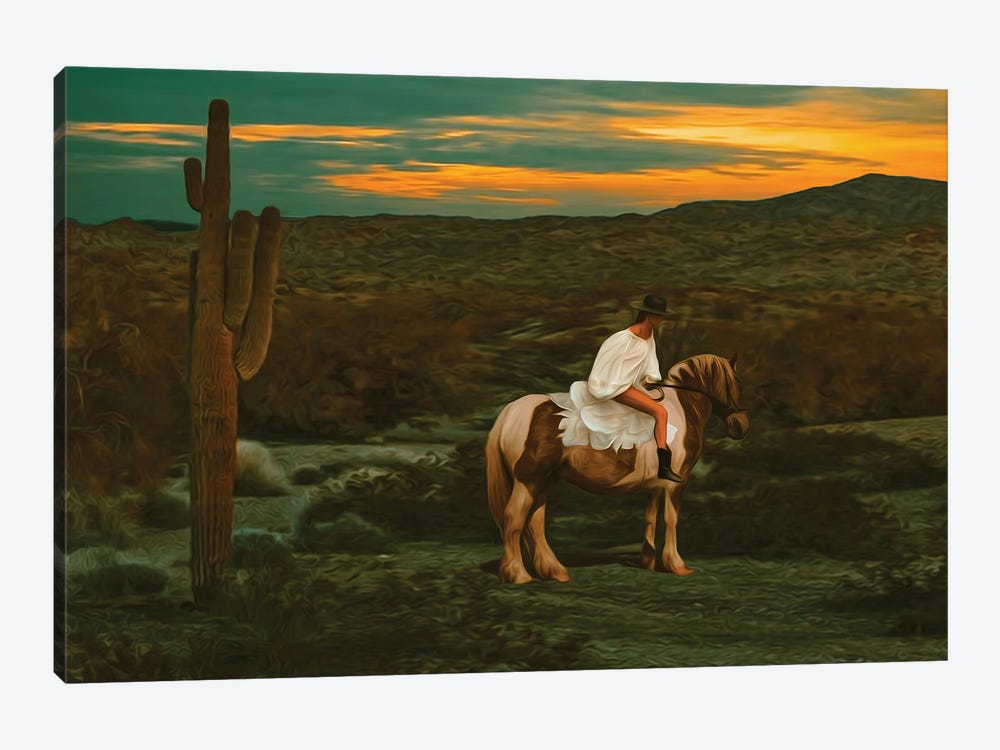 A Girl In A White Dress On A Horse In The Texas Desert by Ievgeniia Bidiuk 1-piece Canvas Art