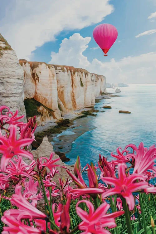 Beautiful Colorful Hot Air Balloon On The Sea, The Sky And The Clouds