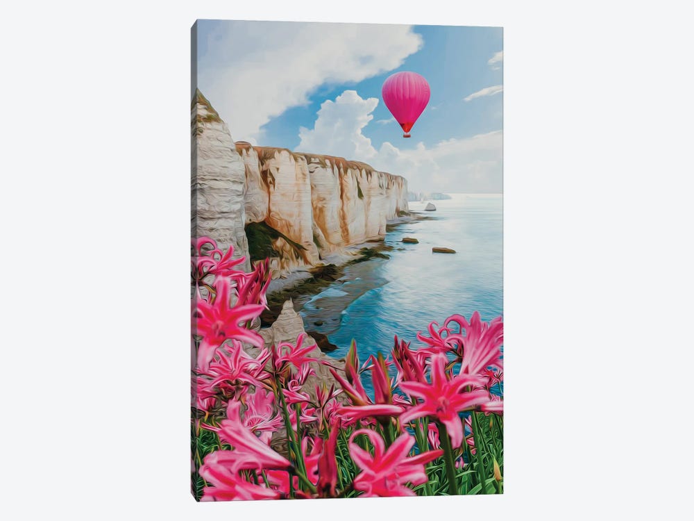 Beautiful Colorful Hot Air Balloon On The Sea, The Sky And The Clouds by Ievgeniia Bidiuk 1-piece Canvas Art