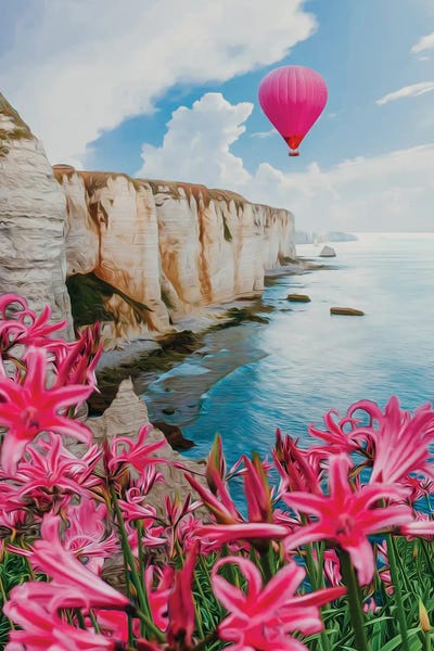 Ievgeniia Bidiuk: Beautiful Colorful Hot Air Balloon On The Sea, The Sky And The Clouds by Ievgeniia Bidiuk