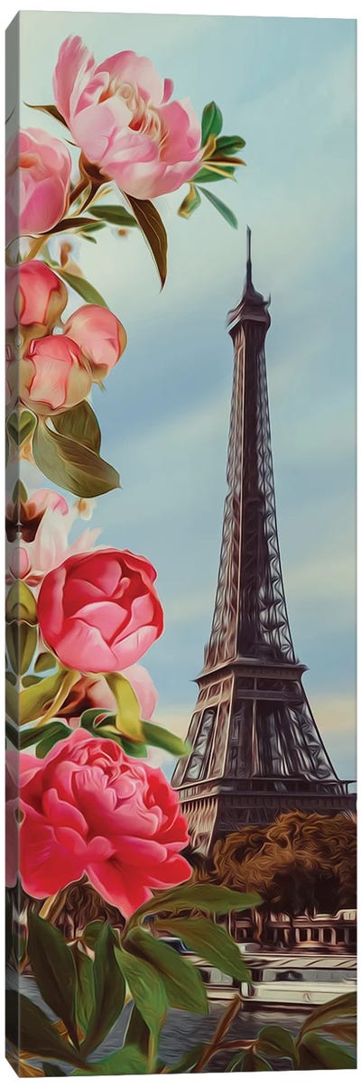 Pink Peonies And Paris Canvas Art Print - Ievgeniia Bidiuk