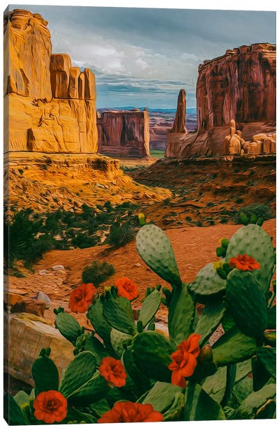 A Flowering Cactus In The Texas Valley. Canvas Art Print - Ievgeniia Bidiuk