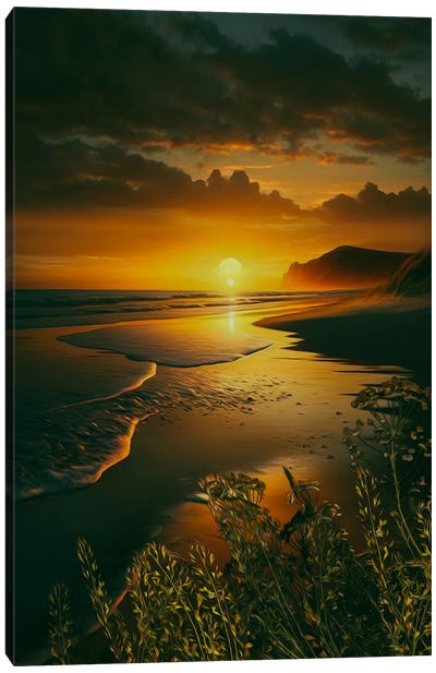 Golden Grass On The Background Of The Sunset On The Ocean. Canvas Art Print - Grass Art