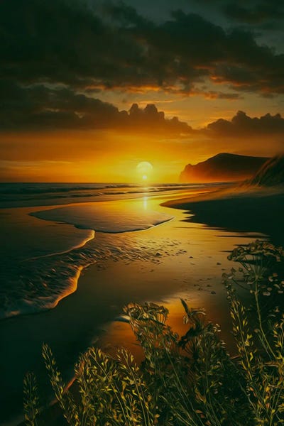 Ievgeniia Bidiuk: Golden Grass On The Background Of The Sunset On The Ocean. by Ievgeniia Bidiuk